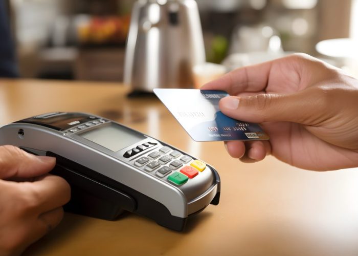 Close up of male hand customer using a credit card for payment to the owner at a cafe restaurant